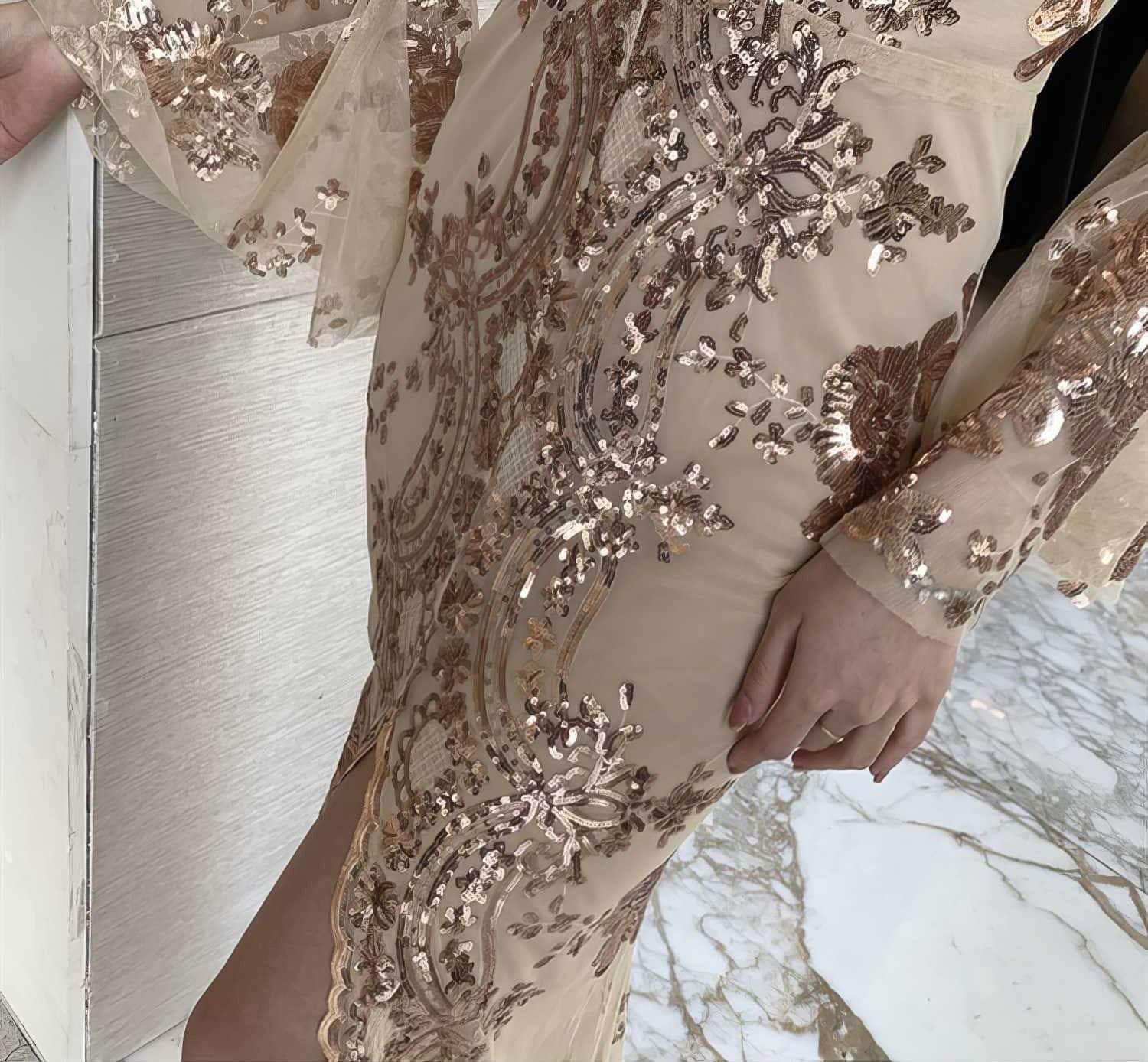 Sheer Sleeve Embroidered Sequin Open Slit Dress