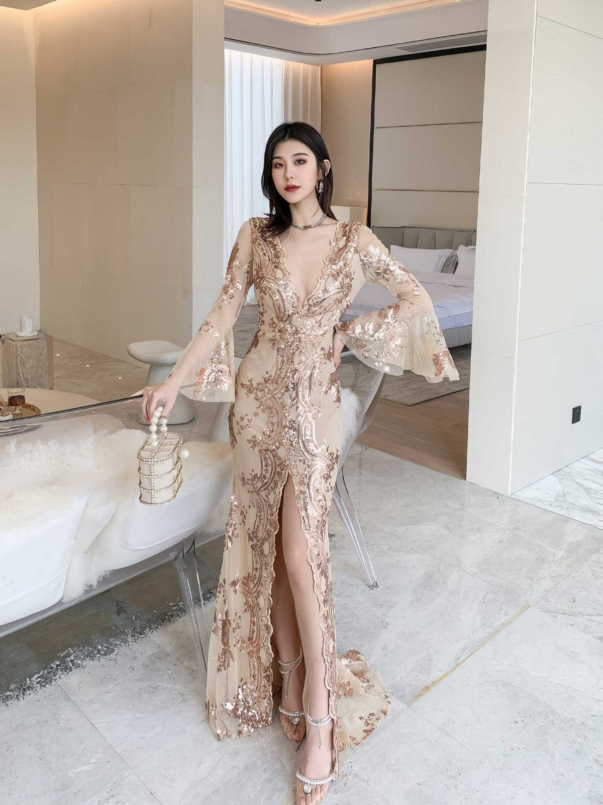 Sheer Sleeve Embroidered Sequin Open Slit Dress S / Gold