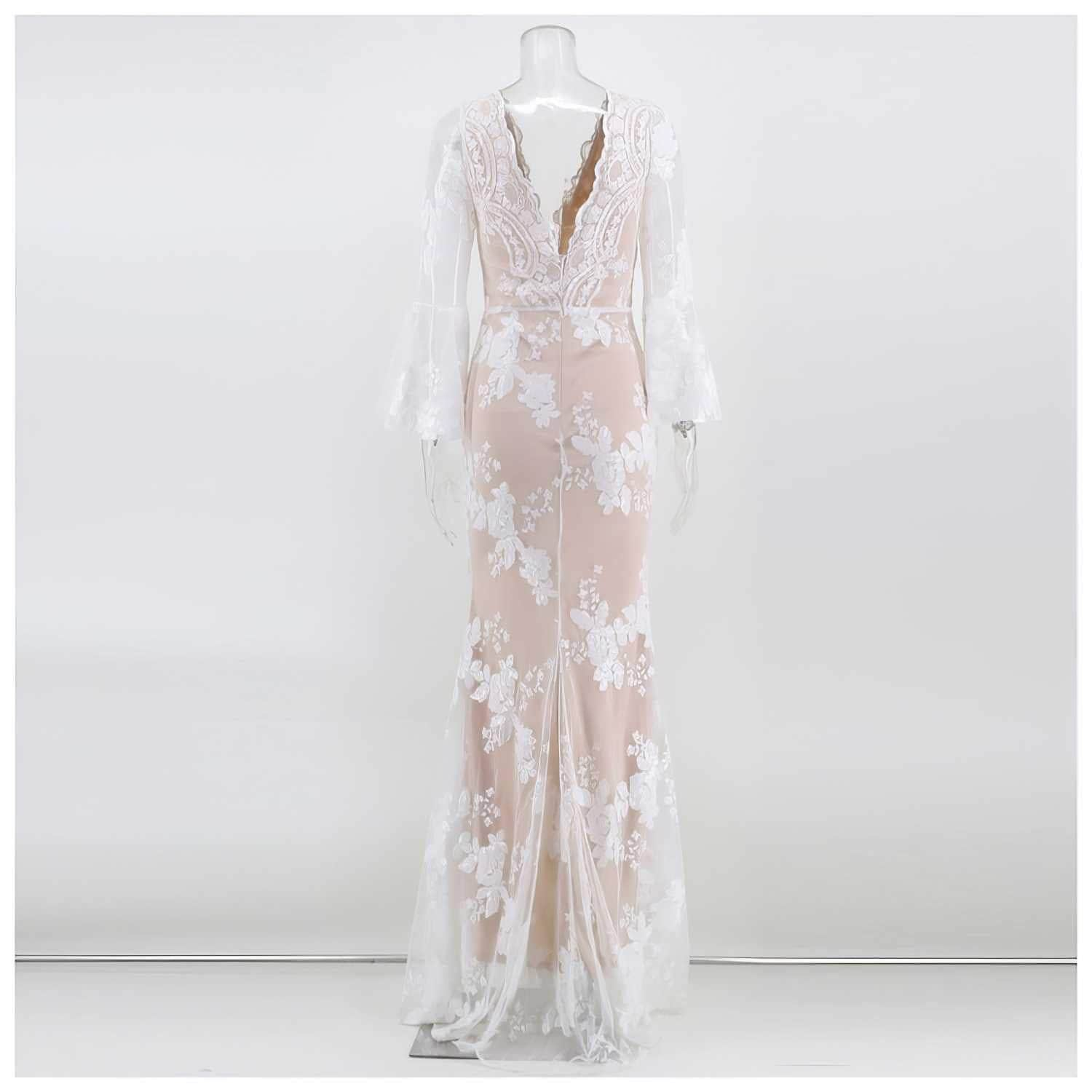 Sheer Sleeve Embroidered Sequin Open Slit Dress S / White