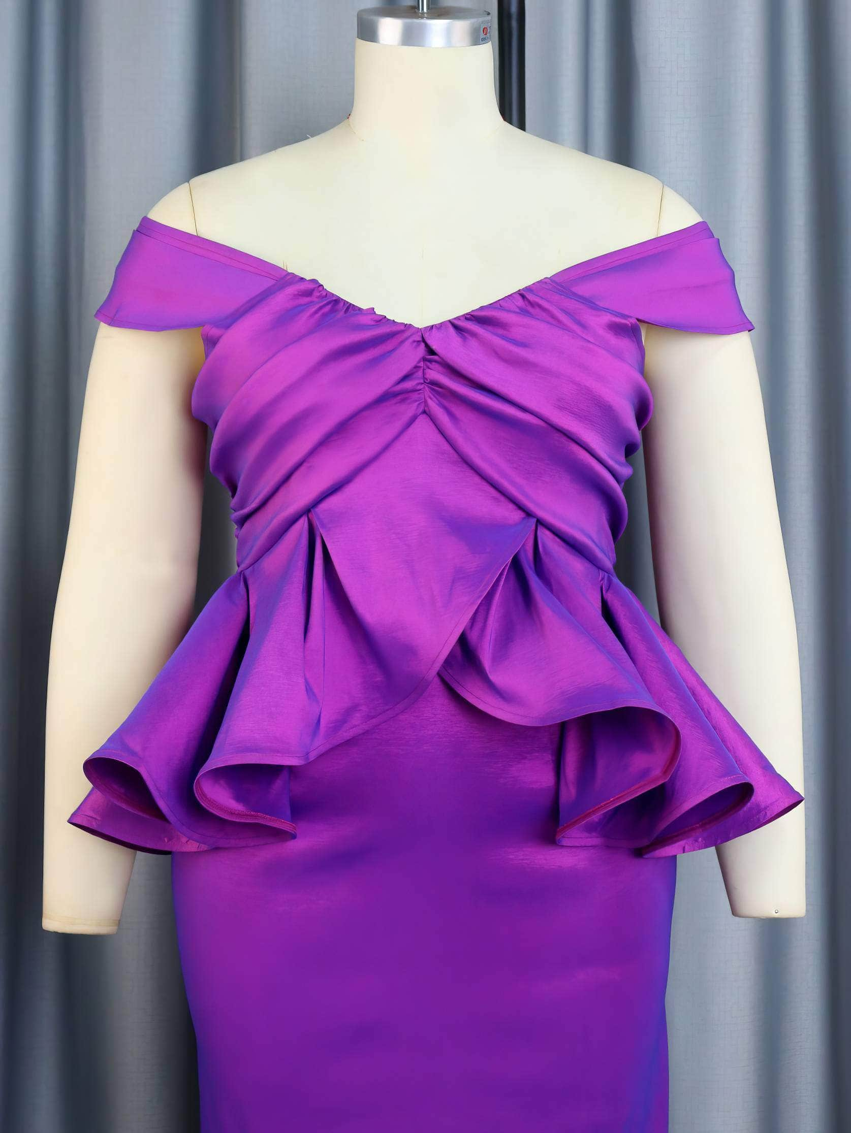 Shimmering Off-Shoulder Ruffled Peplum Satin Dress