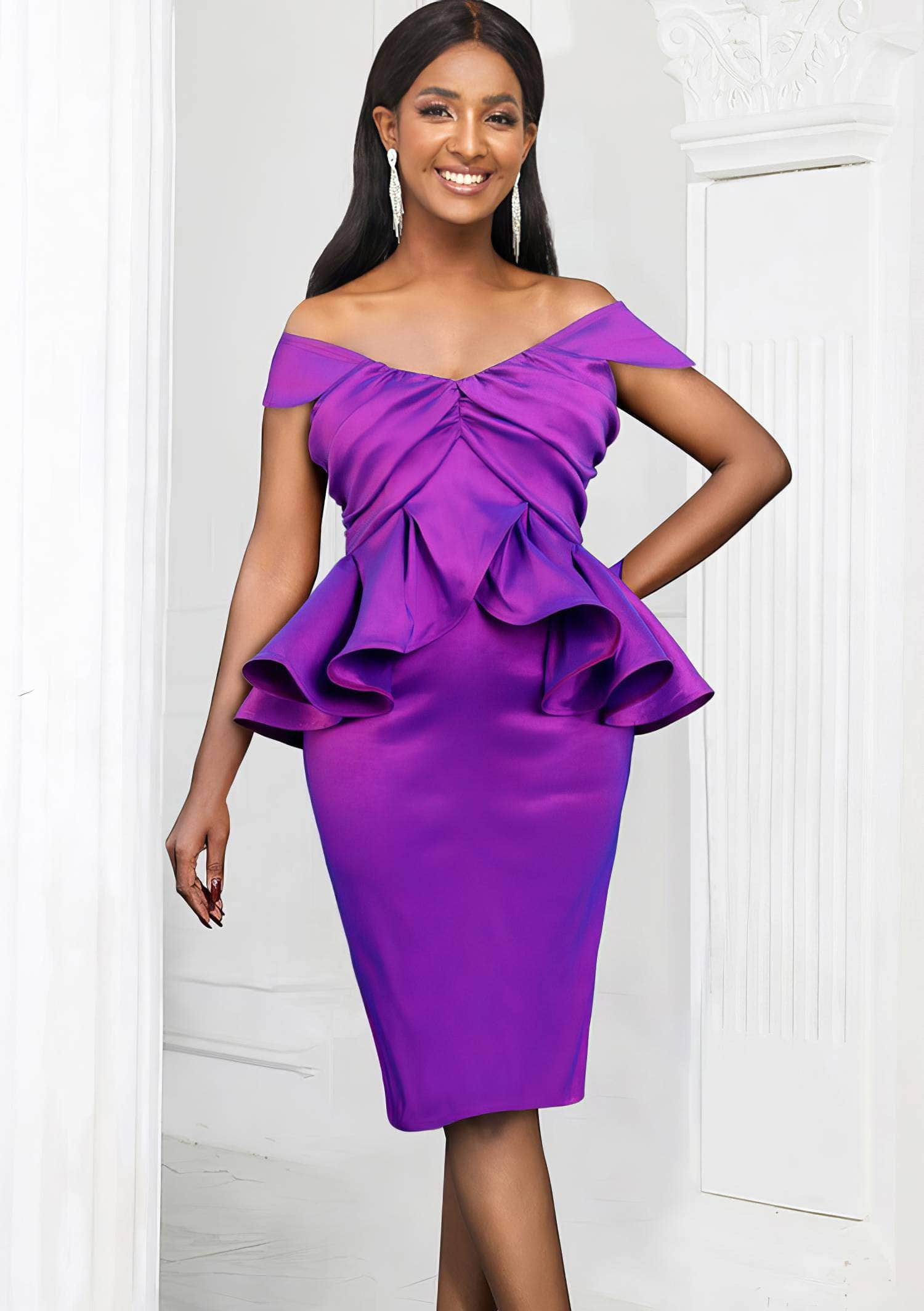 Shimmering Off-Shoulder Ruffled Peplum Satin Dress US 4-6 / Purple