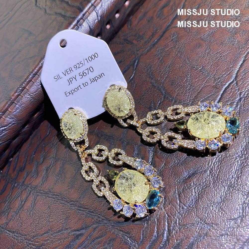 Shimmery Crackle Glass Paved Crystal Earrings Yellow