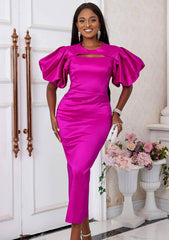 Shimmery Cutout Puff Sleeves Column Dress US 4-6 / DeepPink