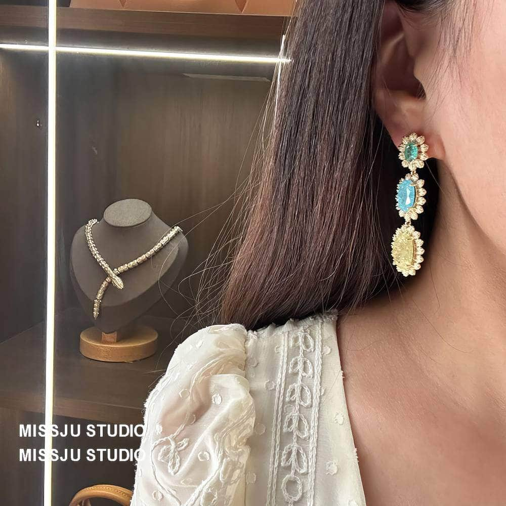 Shimmery Tiered Oval Drop Gold Dangle Earrings