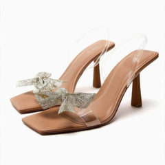 Shiny Rhinestone Bow Transparent Ankle Strap Heels