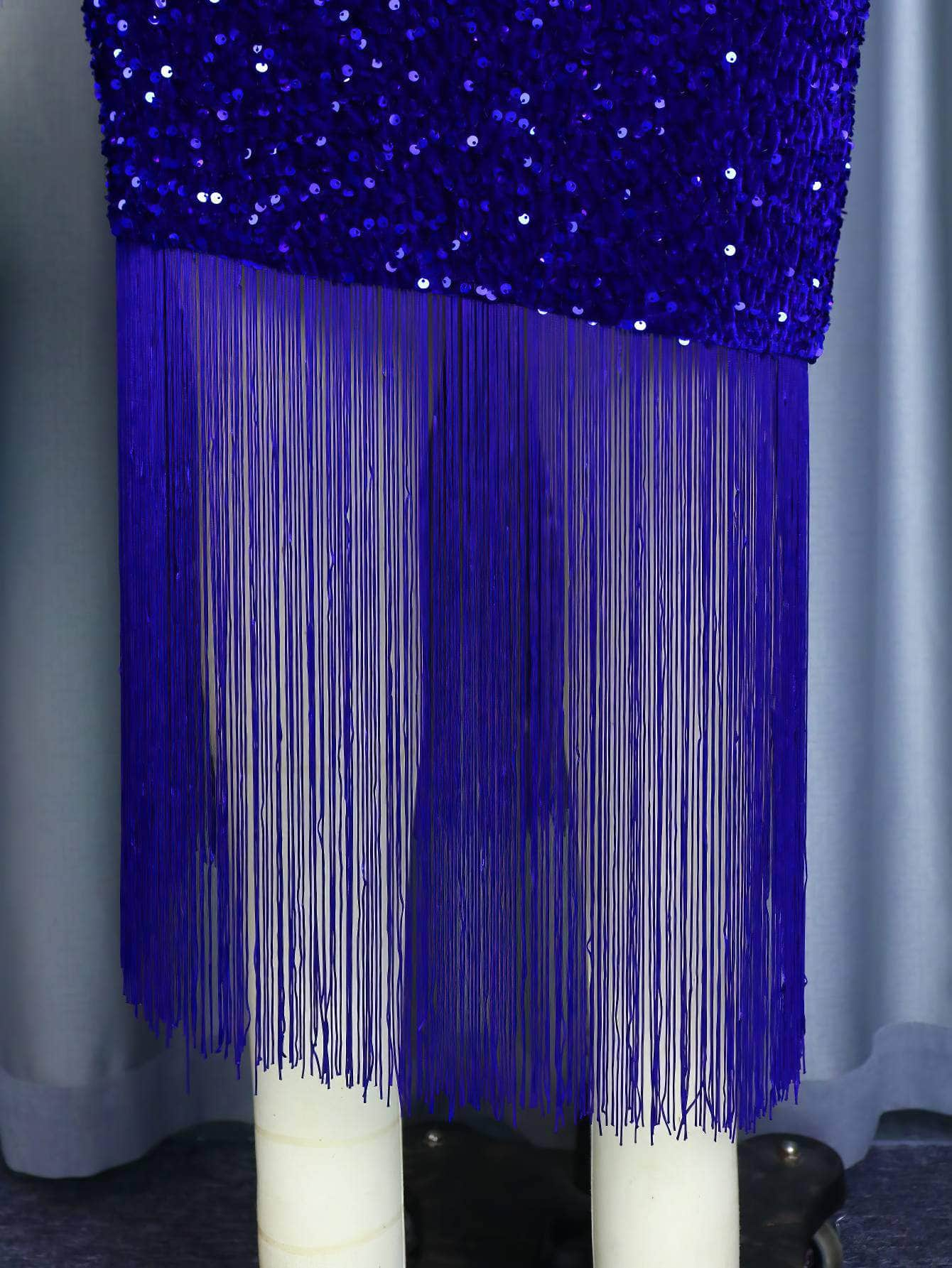 Shiny Velvety Sequin Tassel Hem Dress