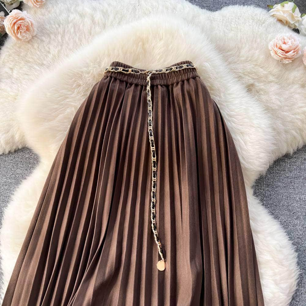 Shirred Waist Pleated Midi Skirt