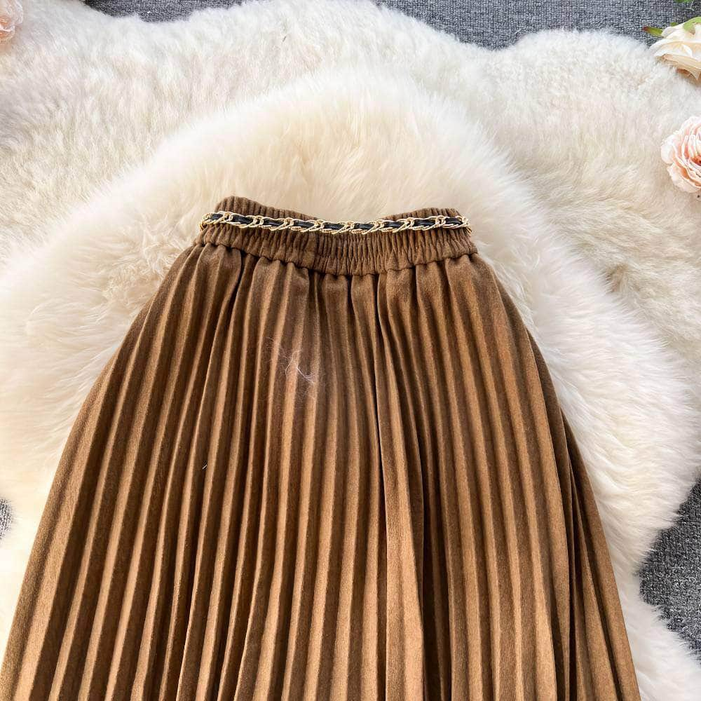 Shirred Waist Pleated Midi Skirt