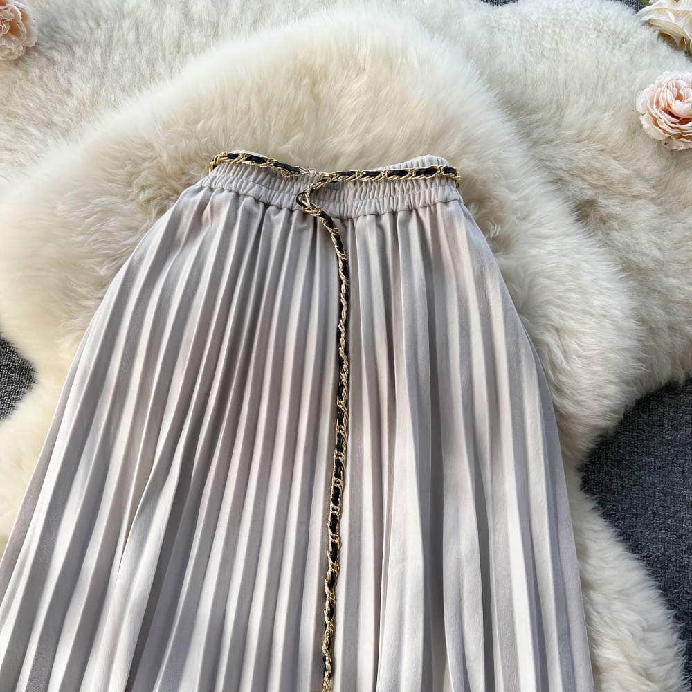 Shirred Waist Pleated Midi Skirt