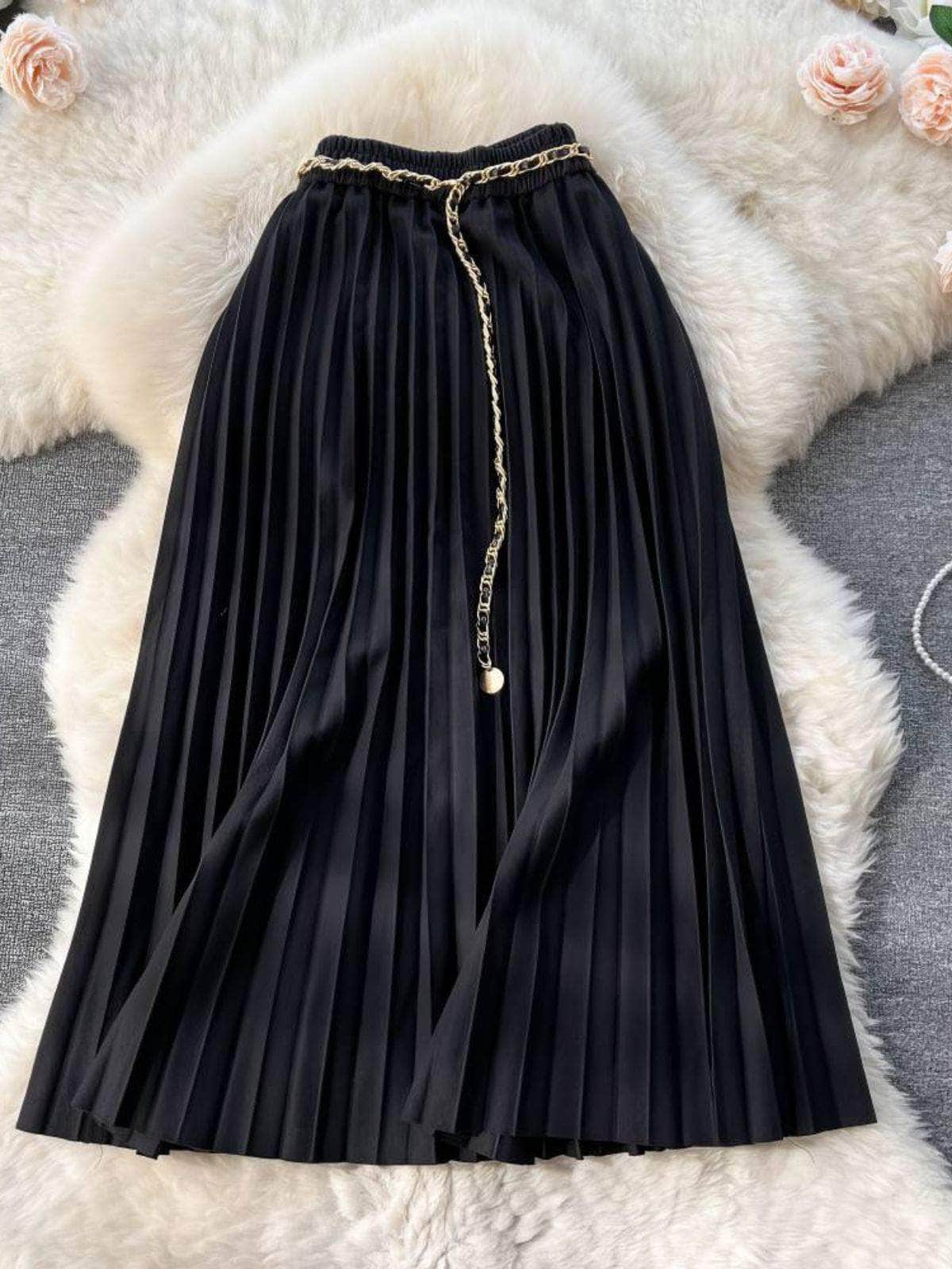 Shirred Waist Pleated Midi Skirt MAX SIZE / Black