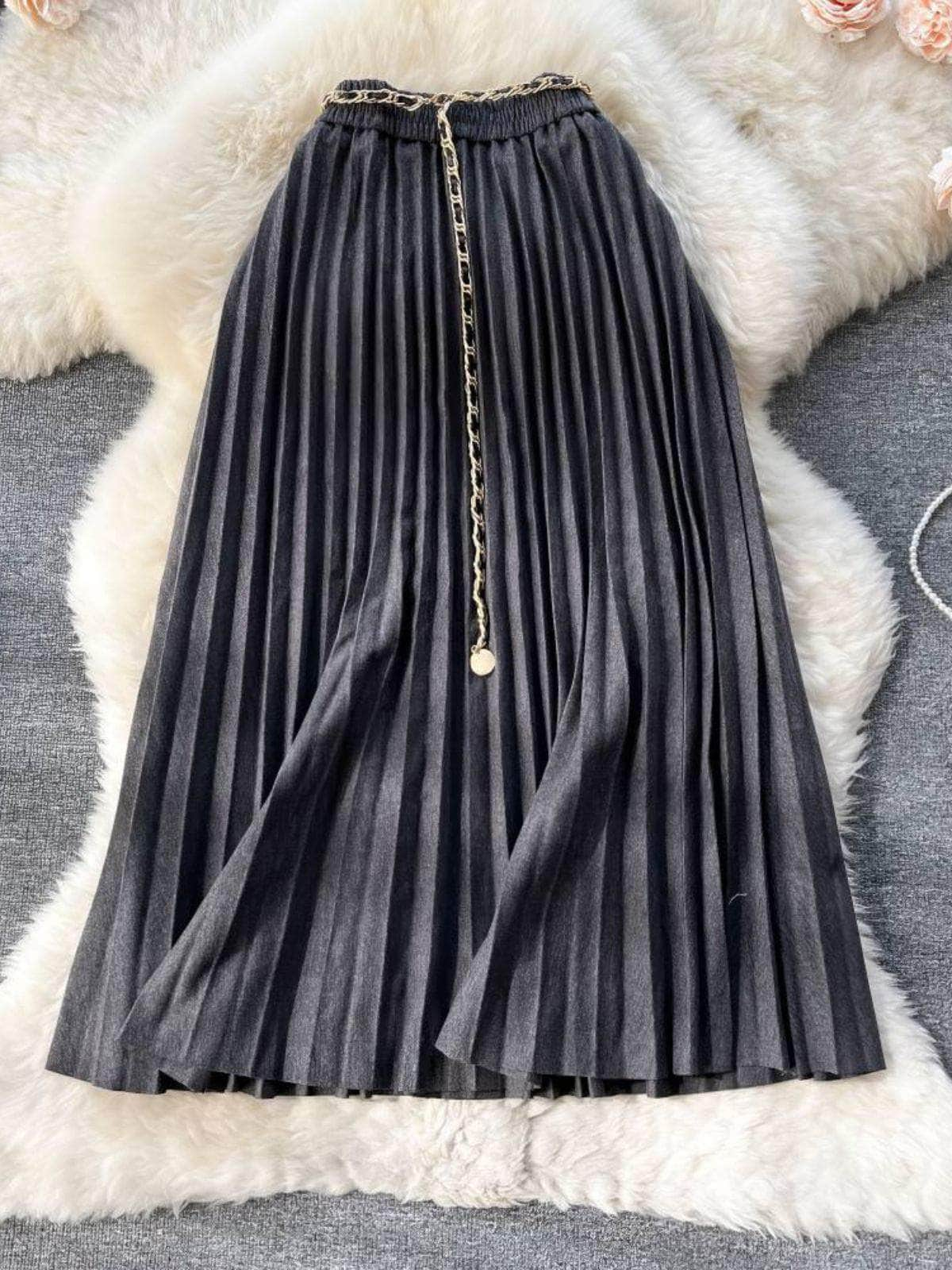 Shirred Waist Pleated Midi Skirt MAX SIZE / DarkGray