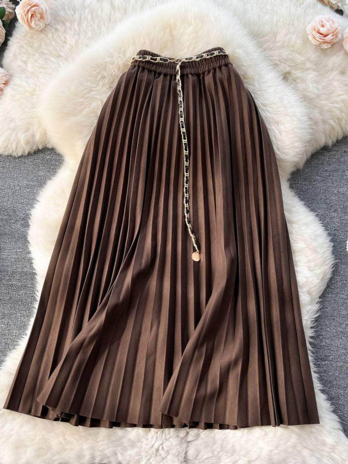 Shirred Waist Pleated Midi Skirt MAX SIZE / SaddleBrown