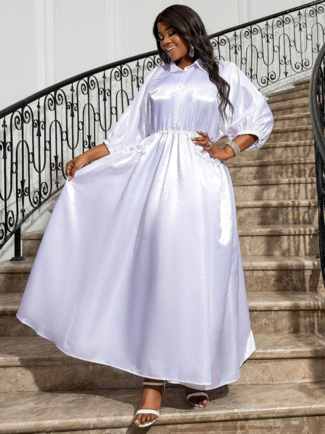 Shirt Collar Ruched Waist Maxi Dress