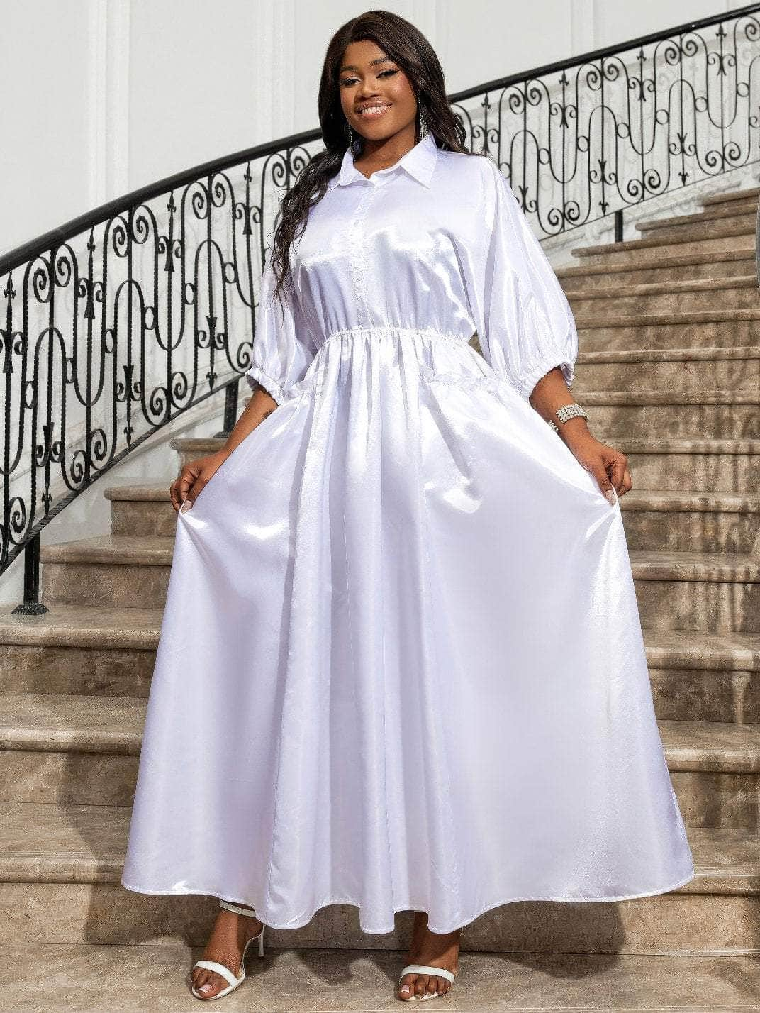 Shirt Collar Ruched Waist Maxi Dress