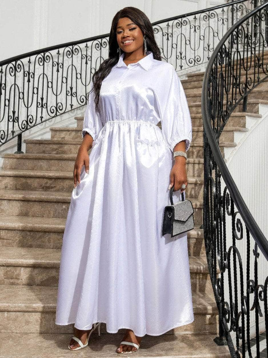 Shirt Collar Ruched Waist Maxi Dress