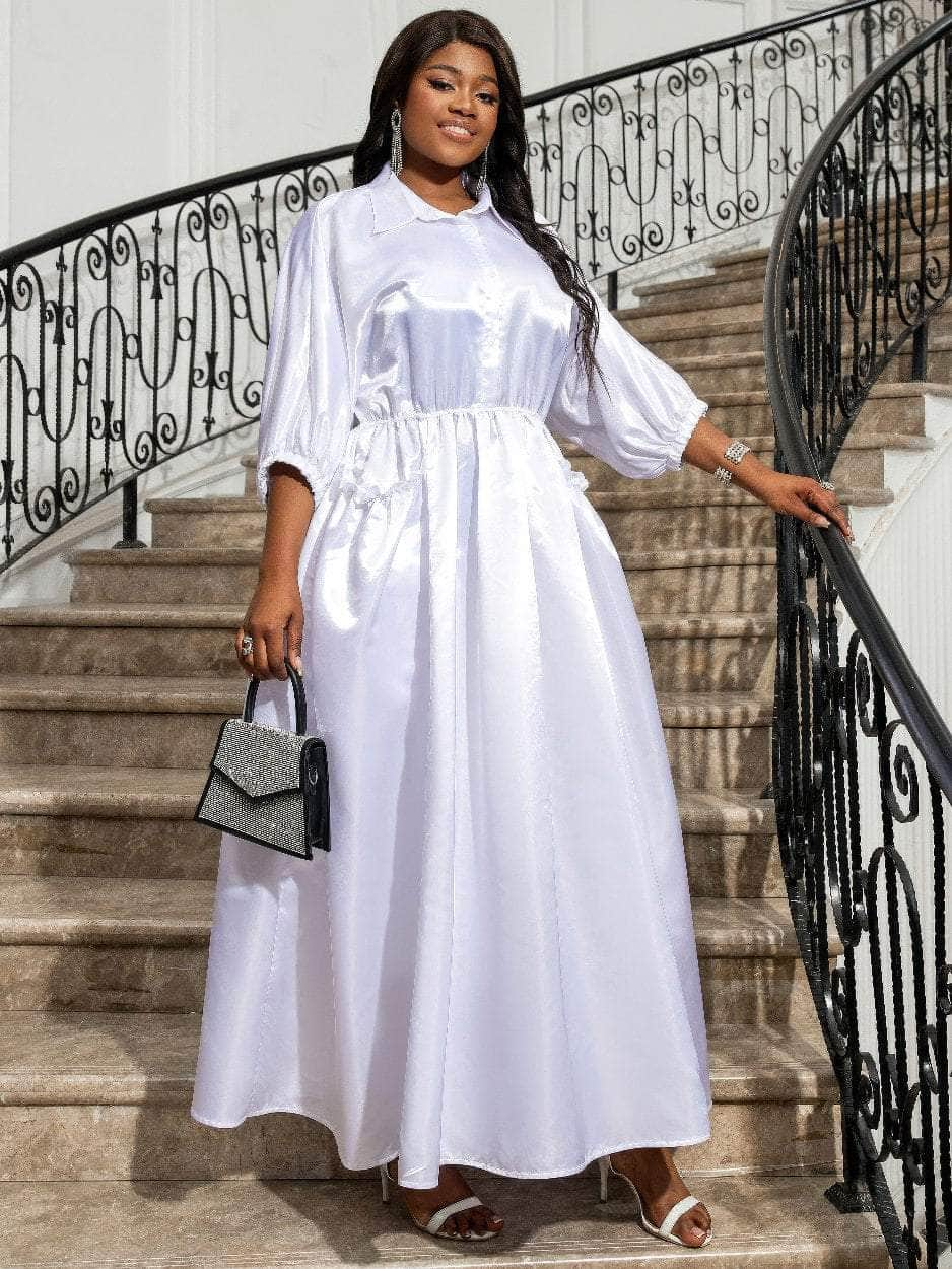 Shirt Collar Ruched Waist Maxi Dress