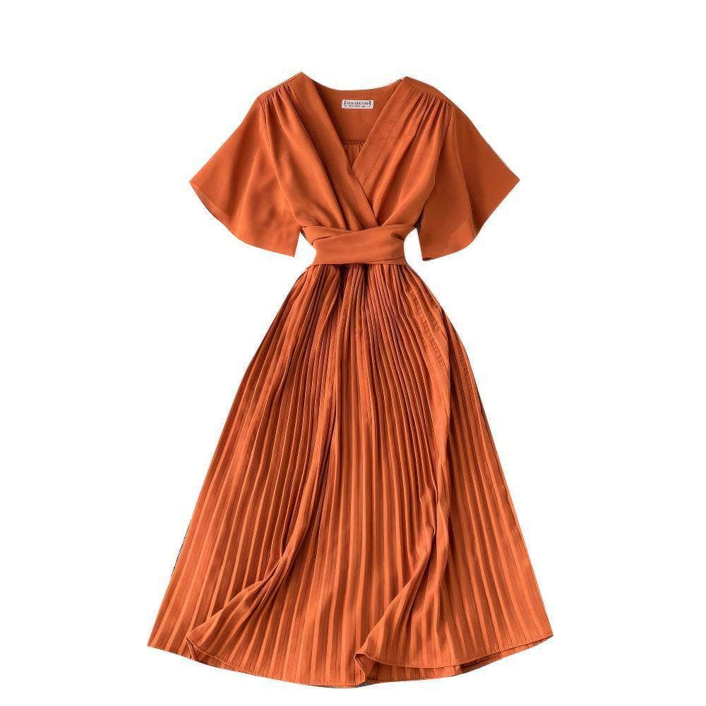 Short Flared Sleeves V-neck Pleated Hem Dress