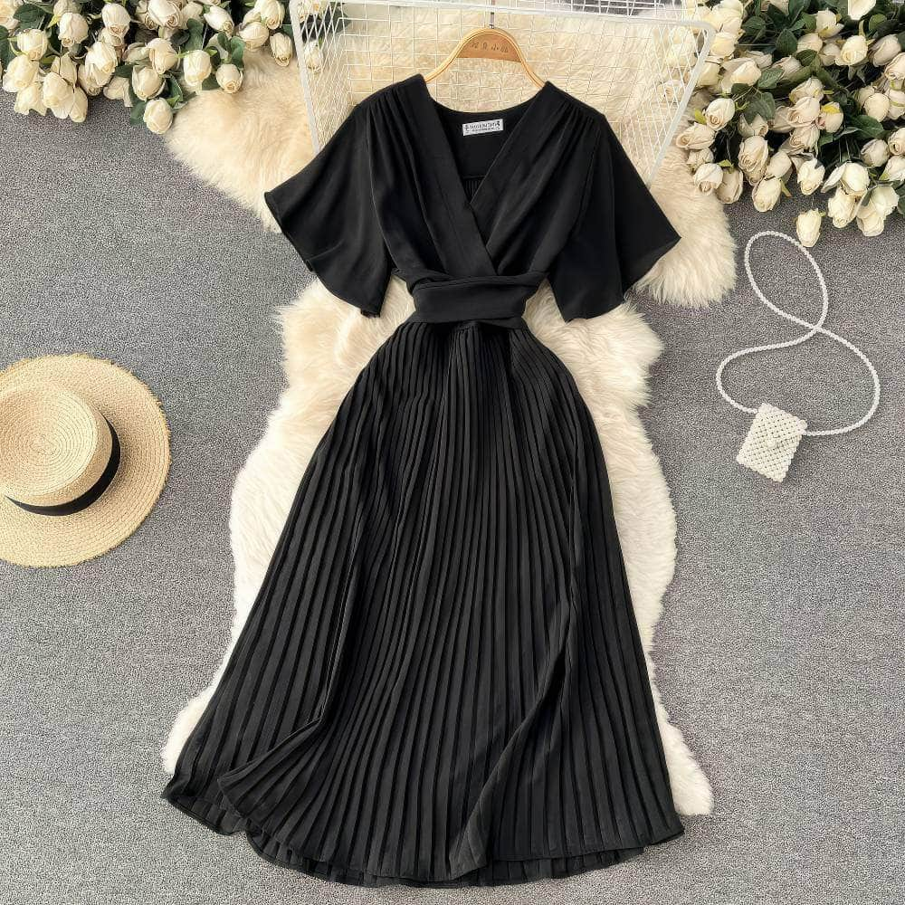 Short Flared Sleeves V-neck Pleated Hem Dress MAX SIZE / Black / With Belt