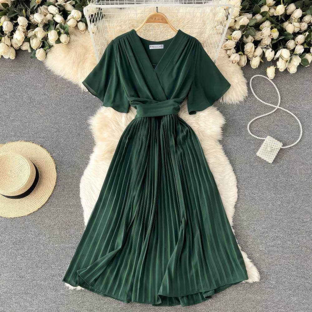 Short Flared Sleeves V-neck Pleated Hem Dress MAX SIZE / Green / With Belt