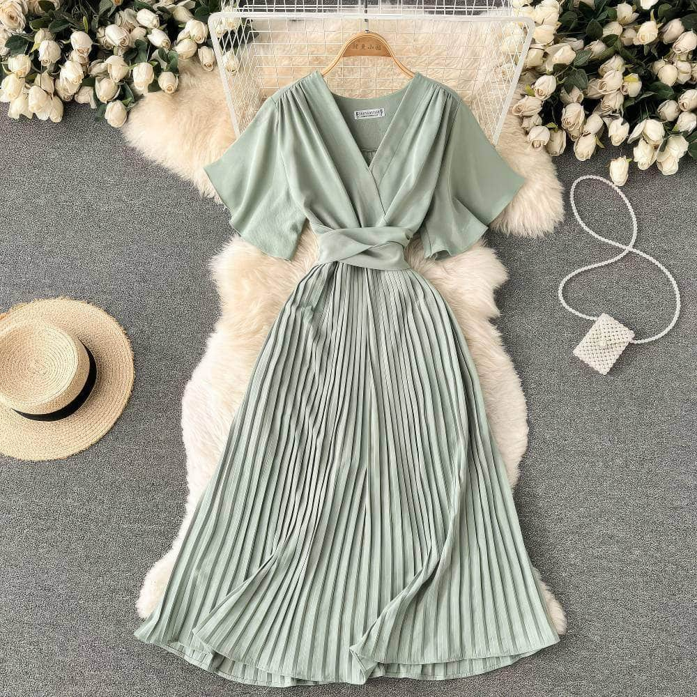 Short Flared Sleeves V-neck Pleated Hem Dress MAX SIZE / HoneyDew / With Belt