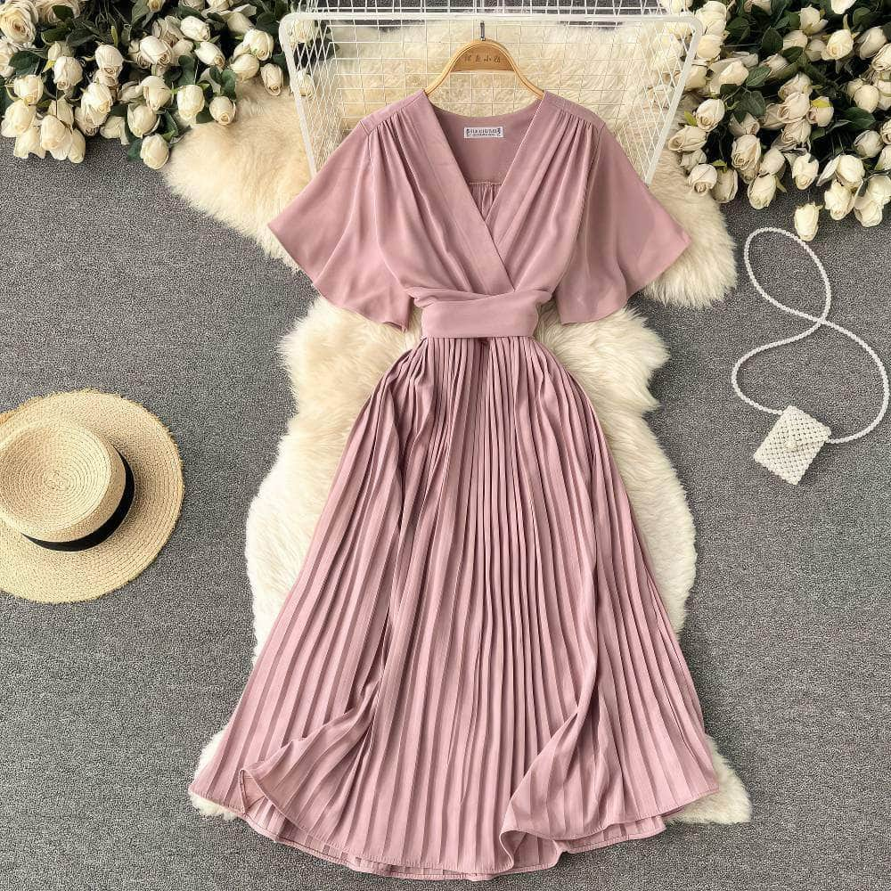 Short Flared Sleeves V-neck Pleated Hem Dress MAX SIZE / Pink / With Belt