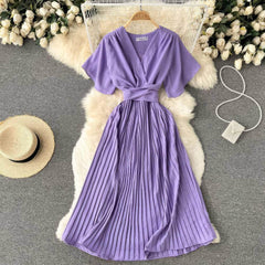 Short Flared Sleeves V-neck Pleated Hem Dress MAX SIZE / Plum / With Belt