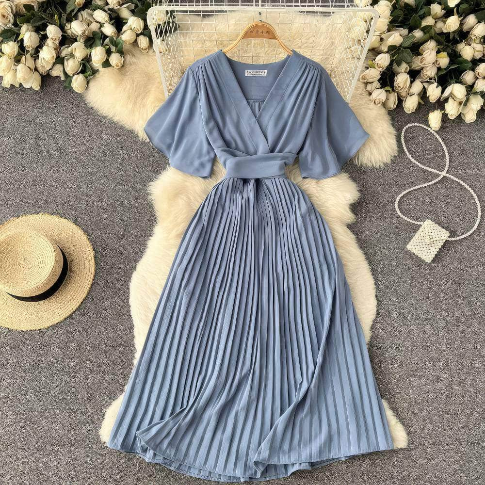 Short Flared Sleeves V-neck Pleated Hem Dress MAX SIZE / PowderBlue / With Belt