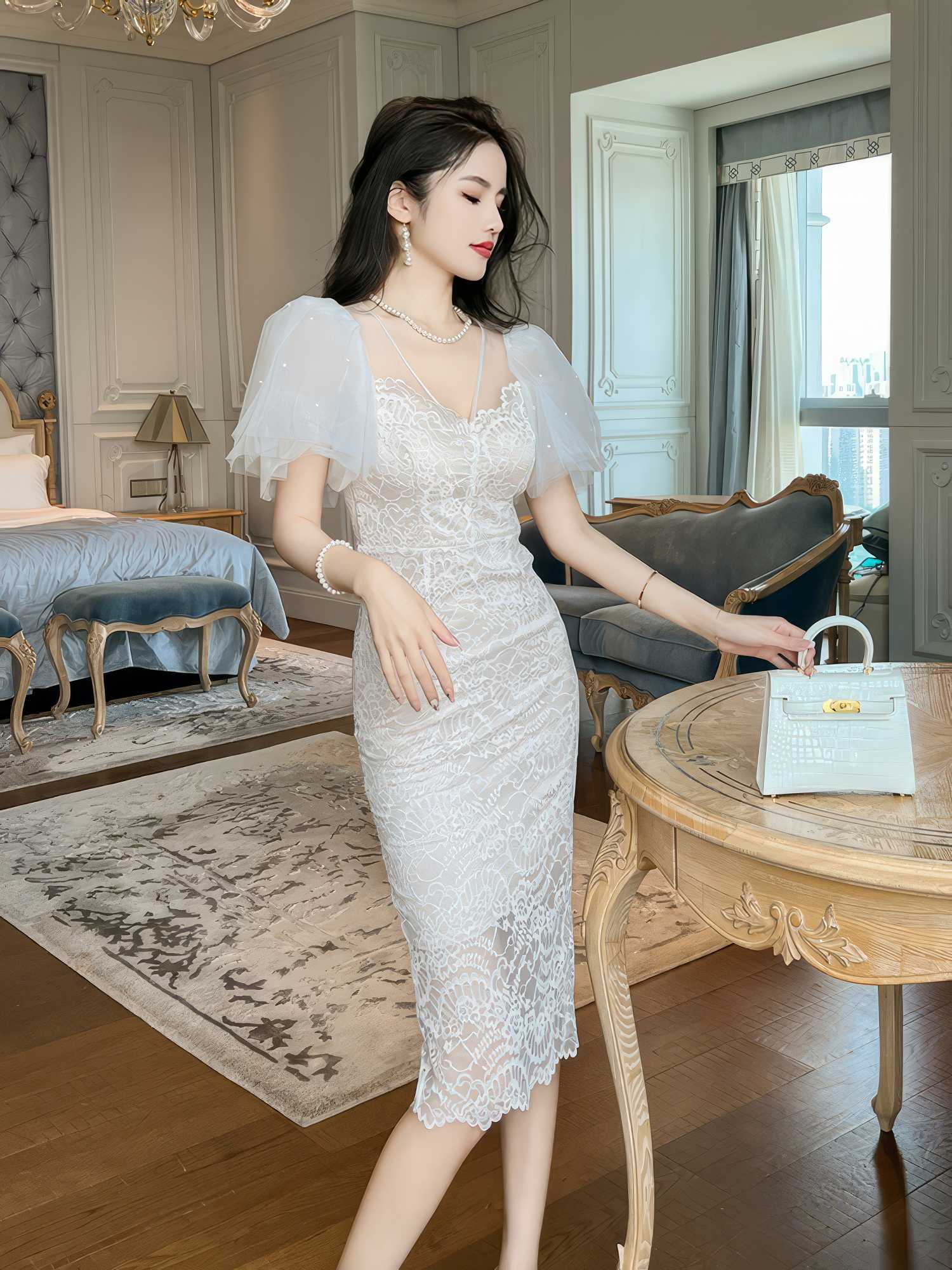 Short Mesh Sleeves Embroidered Midi Dress