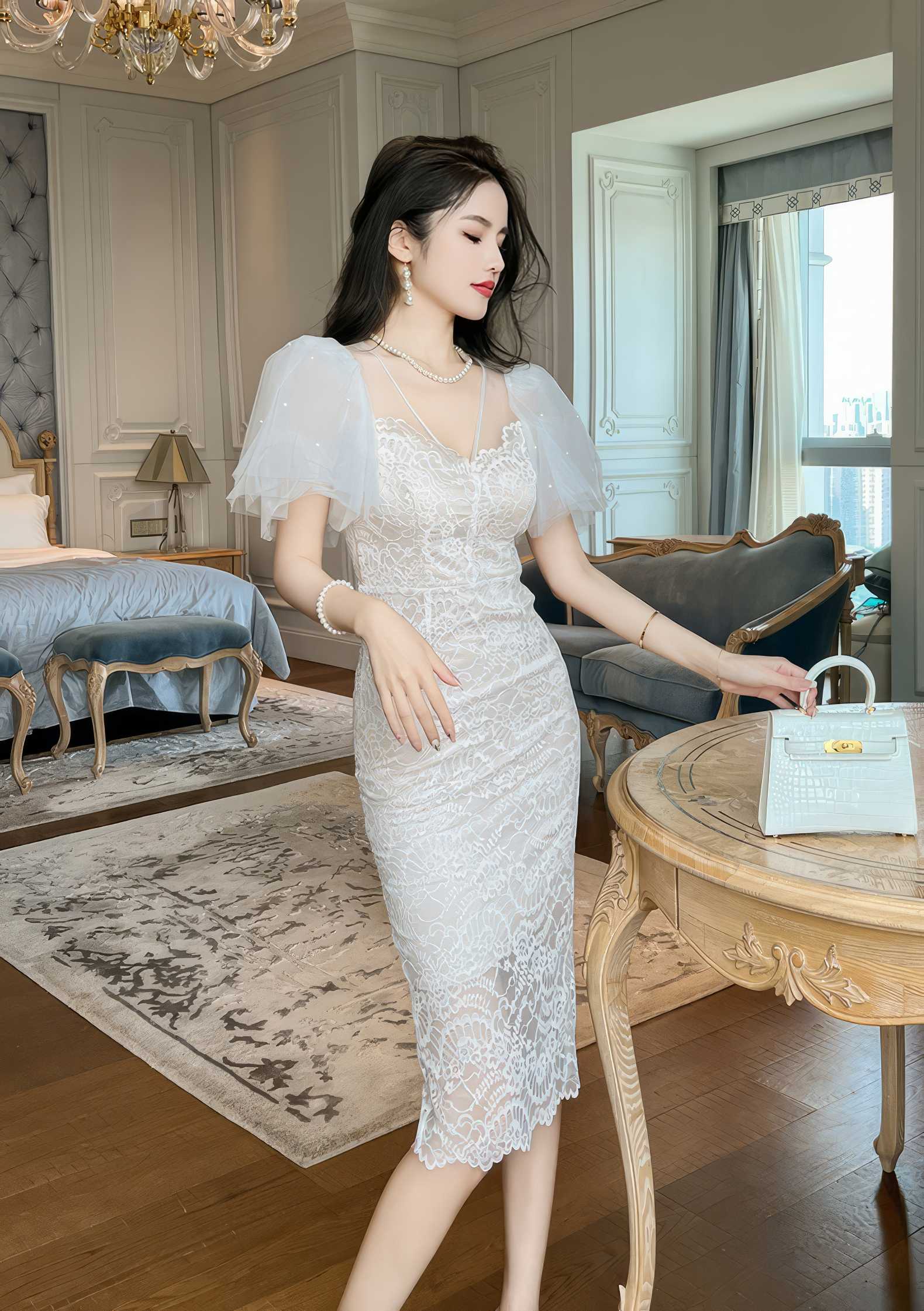 Short Mesh Sleeves Embroidered Midi Dress