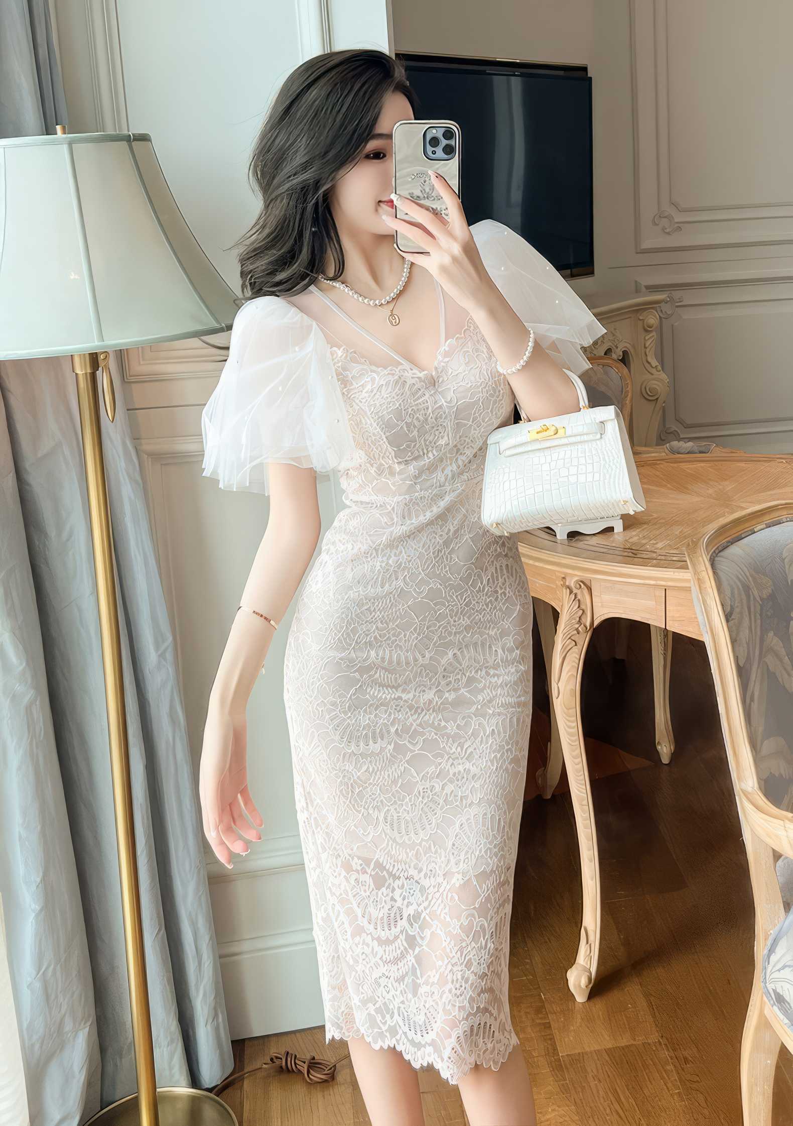 Short Mesh Sleeves Embroidered Midi Dress