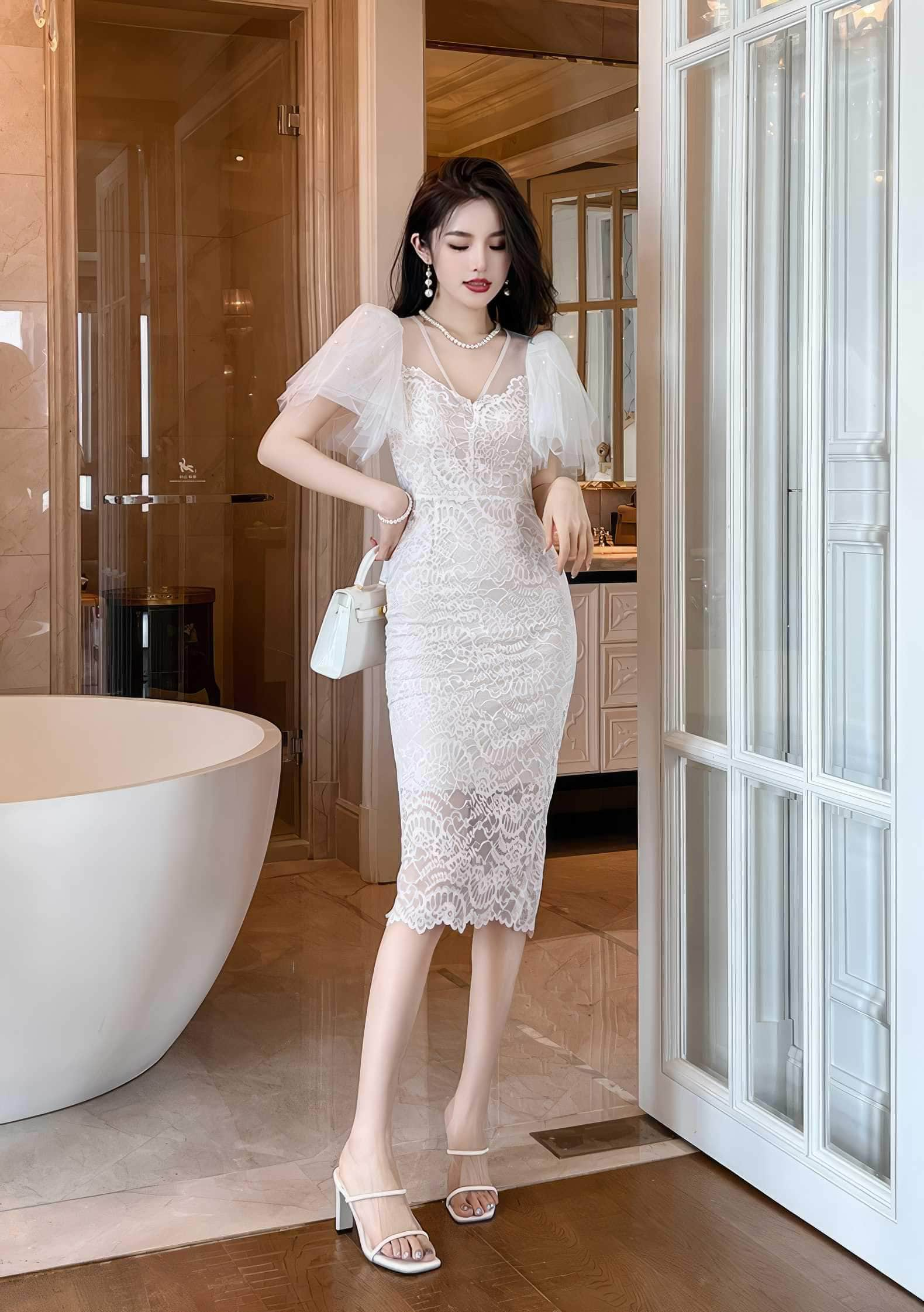 Short Mesh Sleeves Embroidered Midi Dress