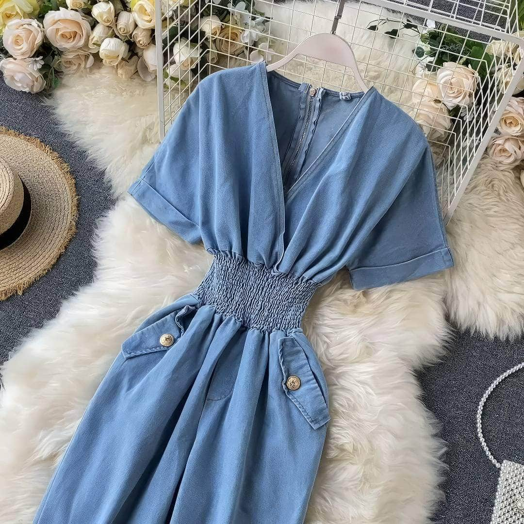 Short Sleeves Ruched Waist Denim Jumpsuit