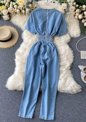 Short Sleeves Ruched Waist Denim Jumpsuit