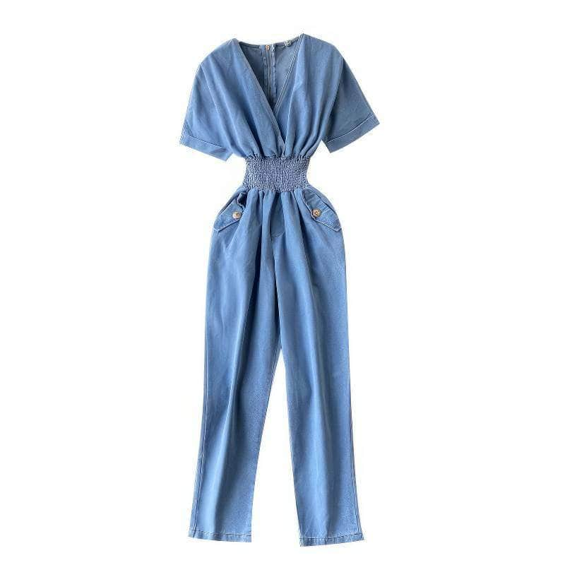 Short Sleeves Ruched Waist Denim Jumpsuit