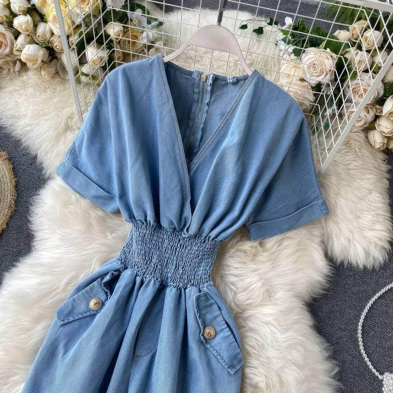 Short Sleeves Ruched Waist Denim Jumpsuit