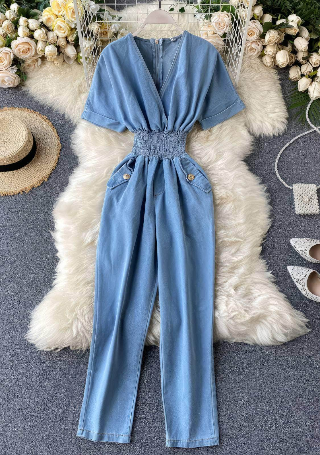 Short Sleeves Ruched Waist Denim Jumpsuit S / LightSkyBlue