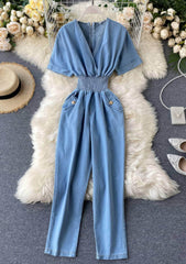 Short Sleeves Ruched Waist Denim Jumpsuit S / LightSkyBlue