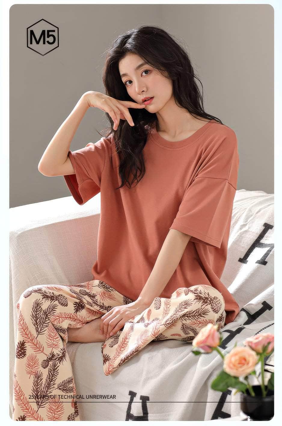 Short Sleeves Two Piece Floral Print Pajamas Set M / Coral