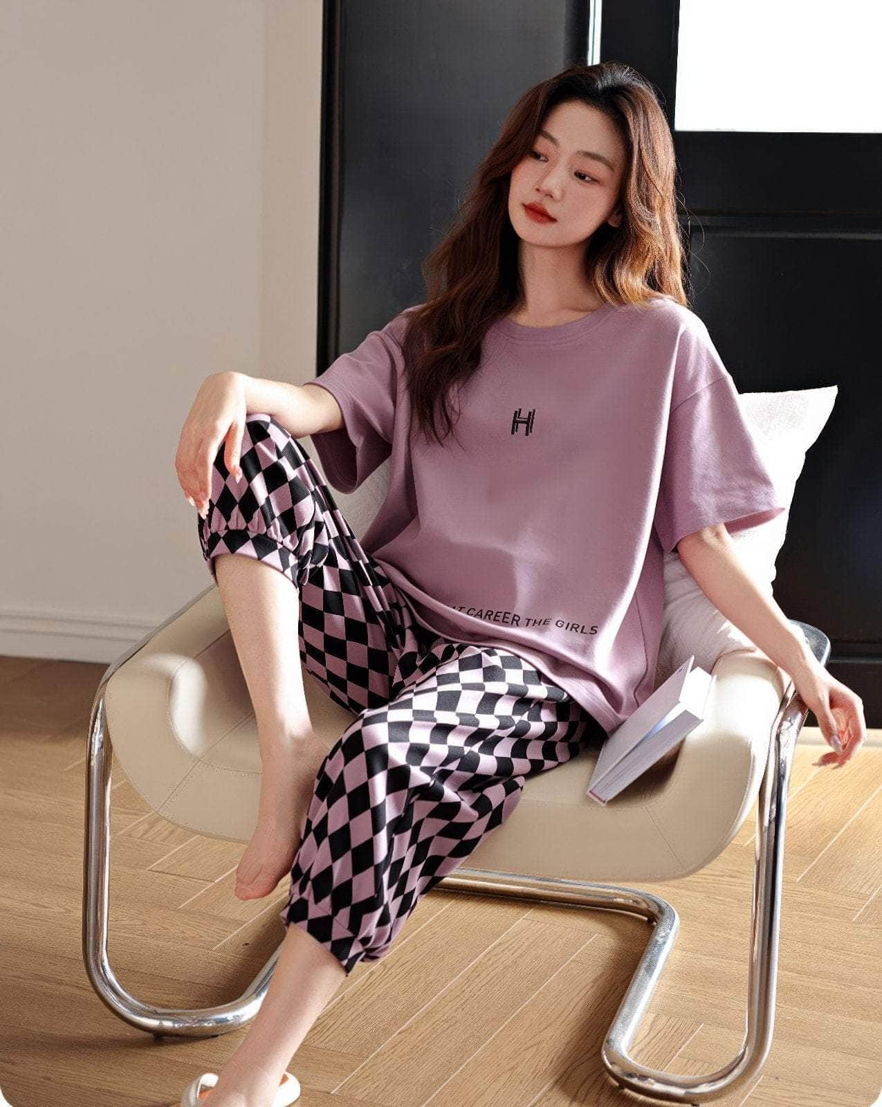 Short Sleeves Two Piece Plaid Pants Set
