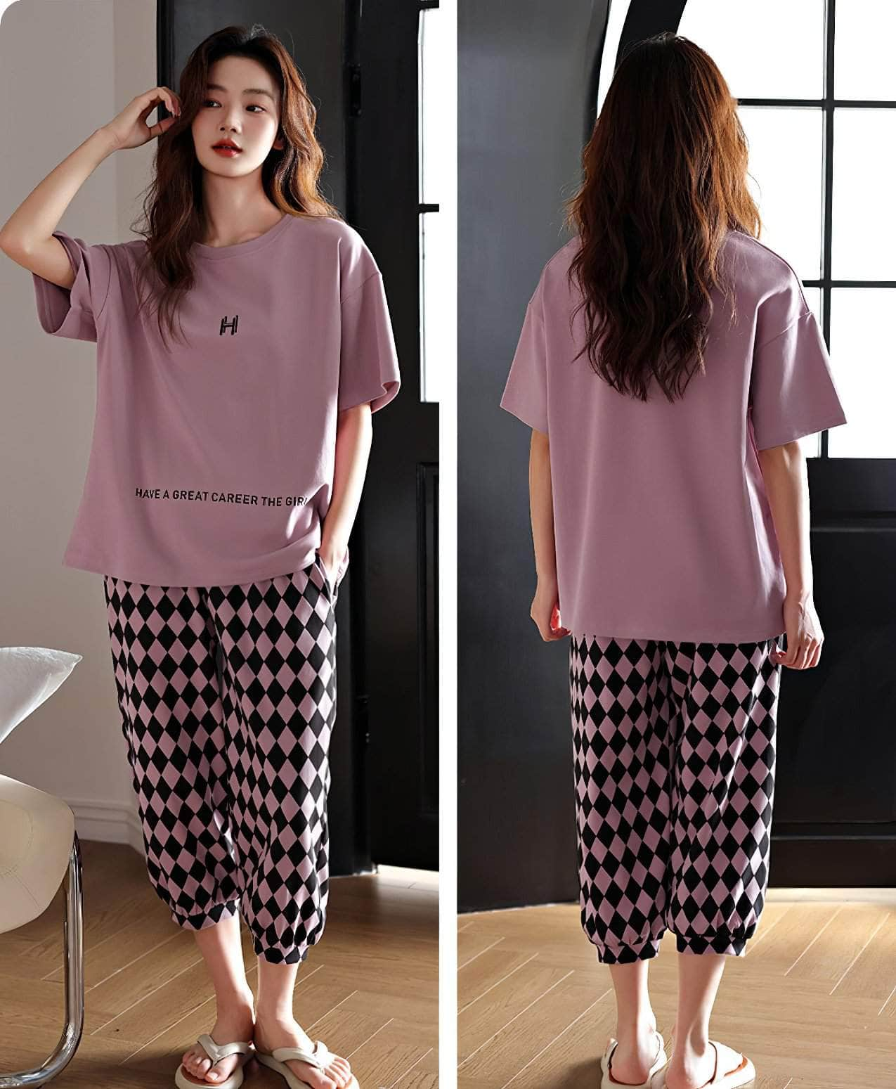 Short Sleeves Two Piece Plaid Pants Set