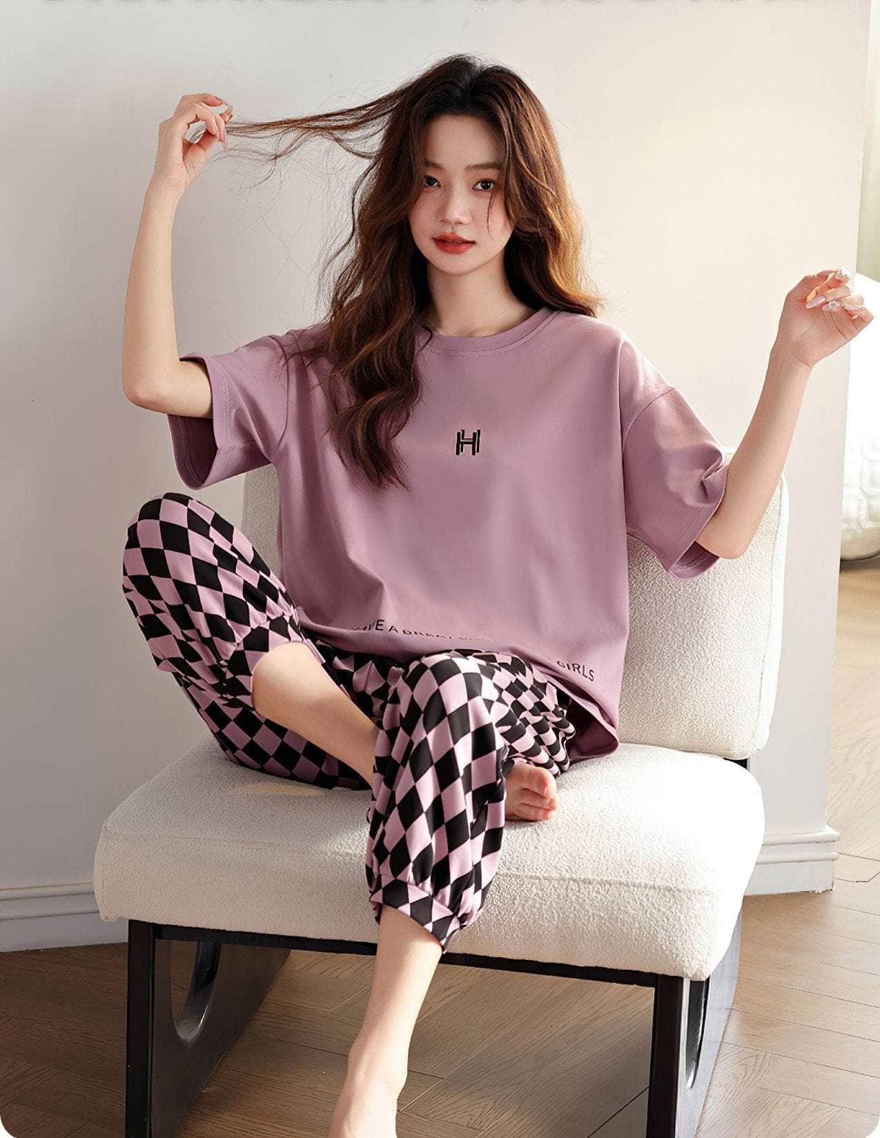 Short Sleeves Two Piece Plaid Pants Set