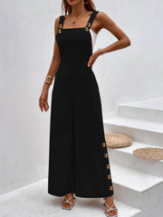 Side Decor Button Wide Leg Overalls Black / S