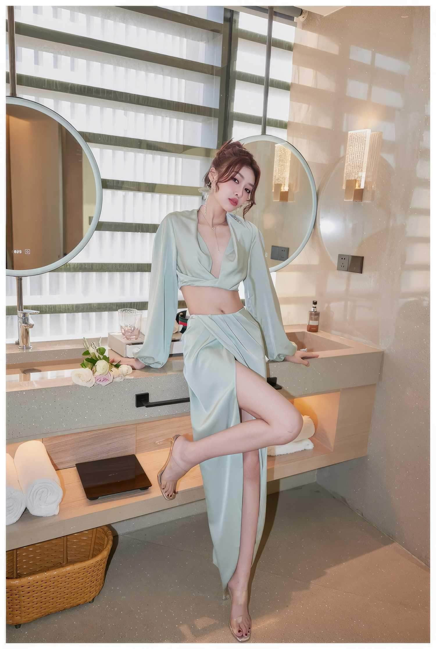 Silky Draped Long Sleeve Two Piece Set