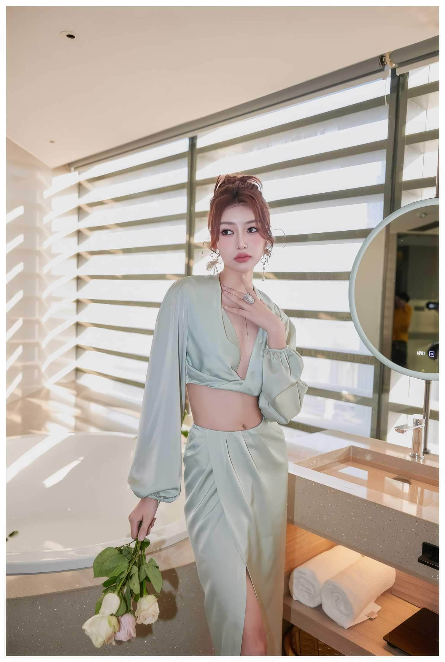 Silky Draped Long Sleeve Two Piece Set