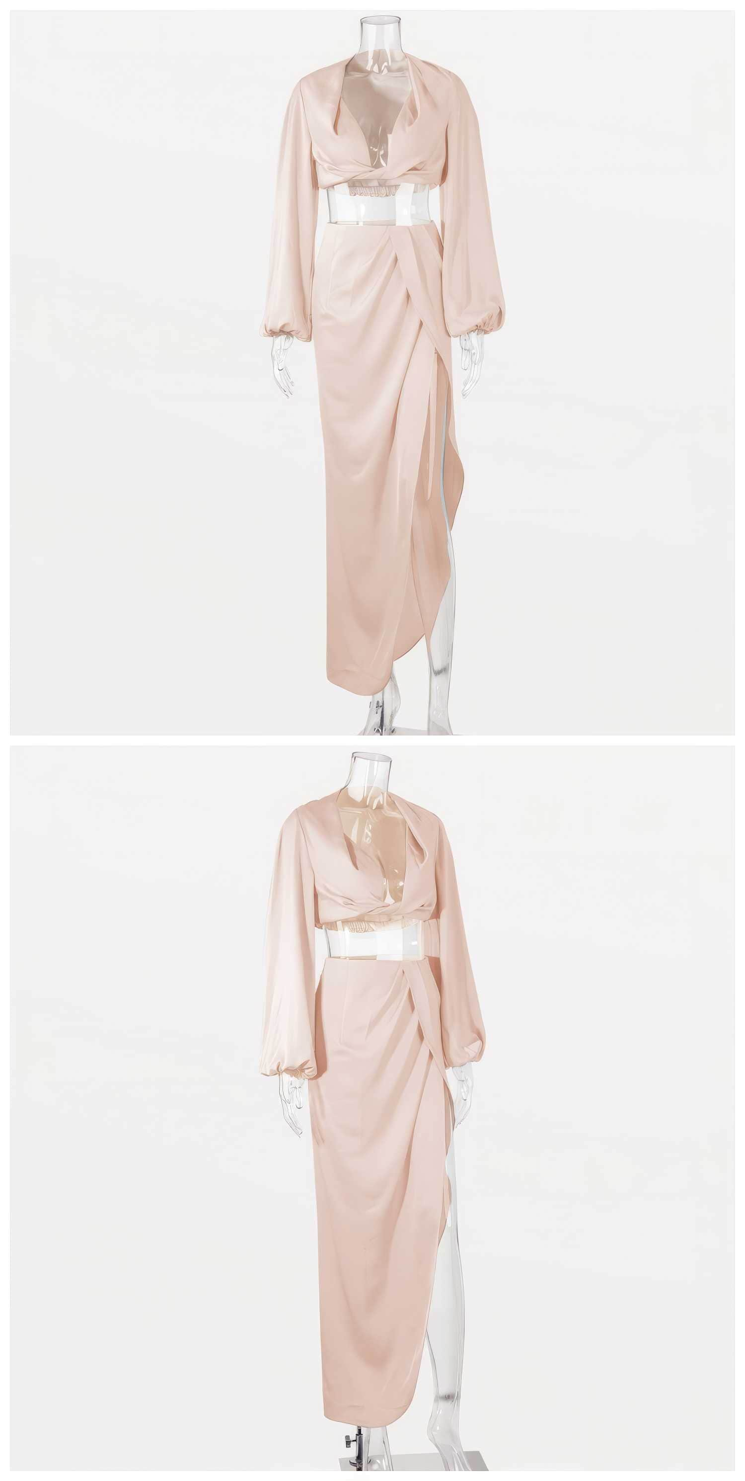 Silky Draped Long Sleeve Two Piece Set