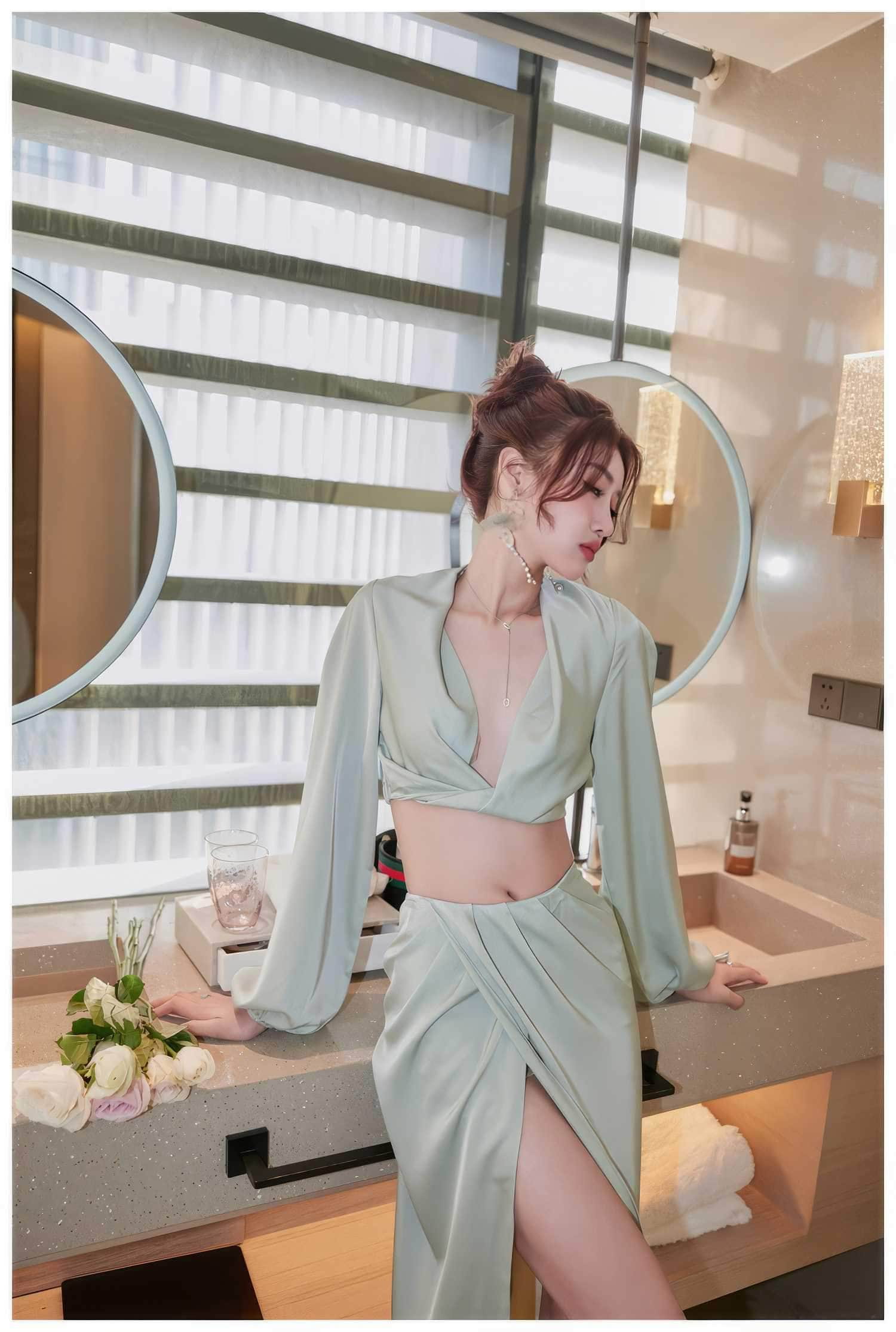 Silky Draped Long Sleeve Two Piece Set