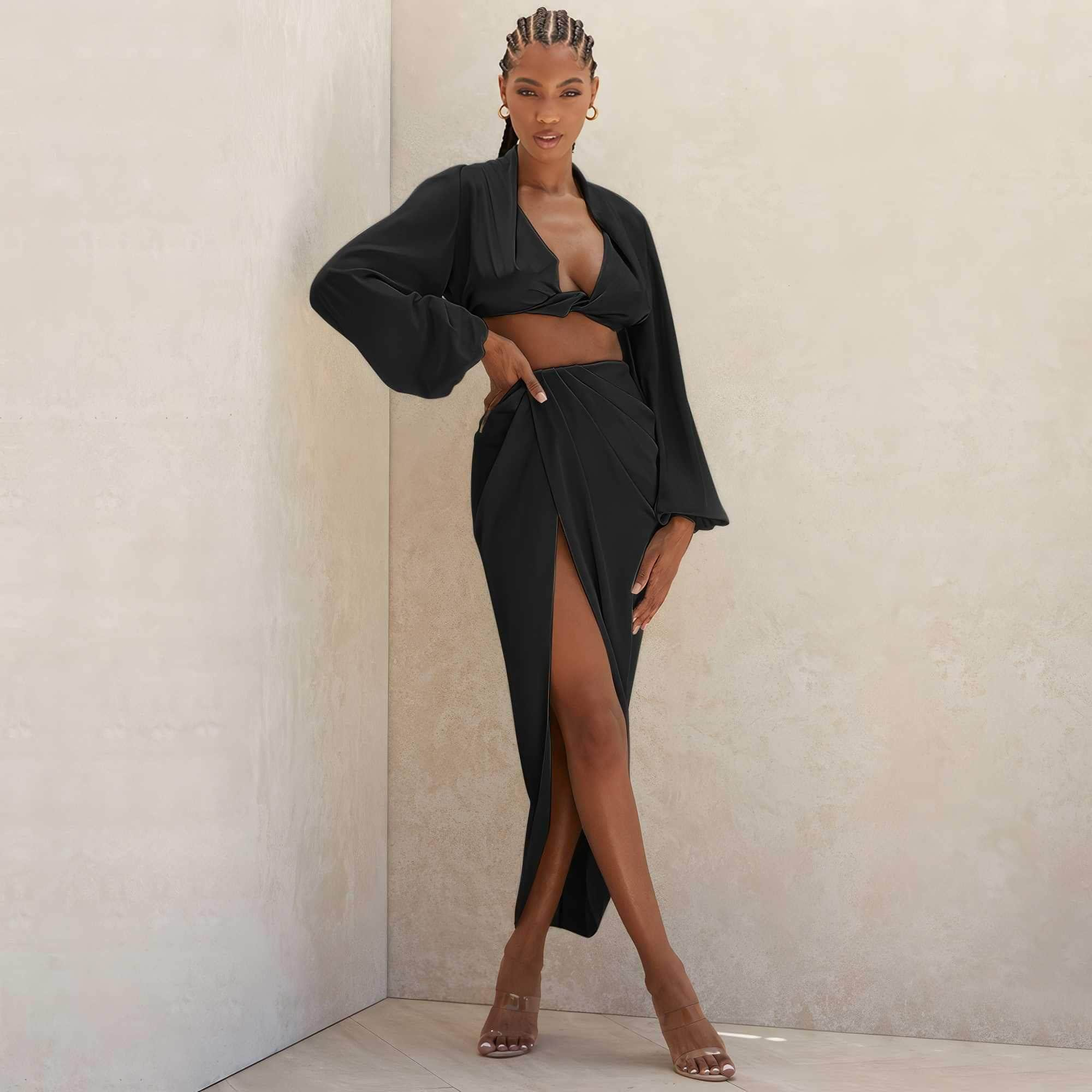 Silky Draped Long Sleeve Two Piece Set S / Black