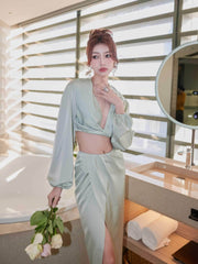 Silky Draped Long Sleeve Two Piece Set S / LightCyan