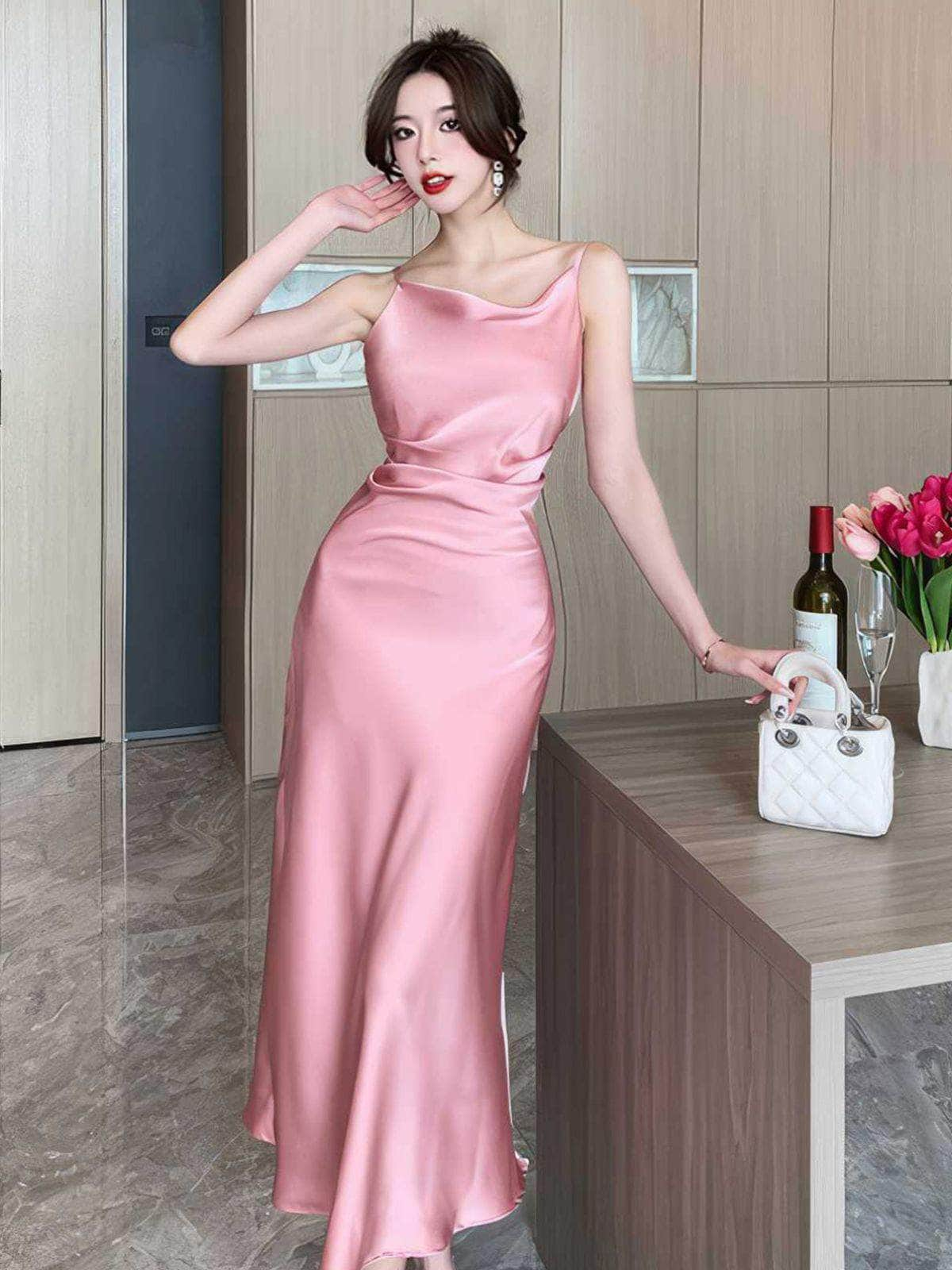 Silky Scarf Detailed Strappy Mermaid Dress S / Pink