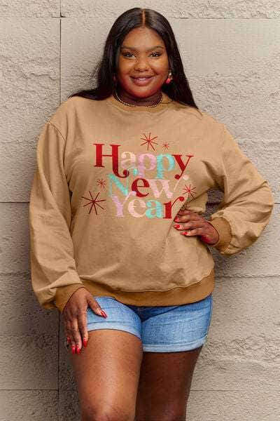 Simply Love Full Size HAPPY NEW YEAR Round Neck Sweatshirt Camel / S